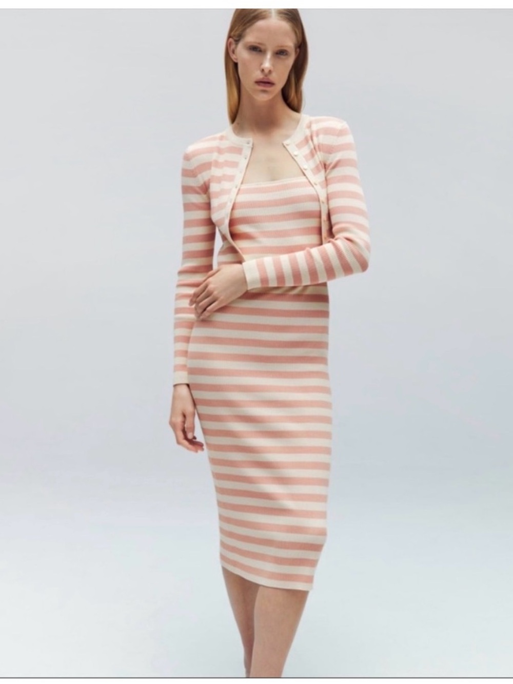 Zara Pink and Cream Striped Knit Midi Dress with Matching Cardigan